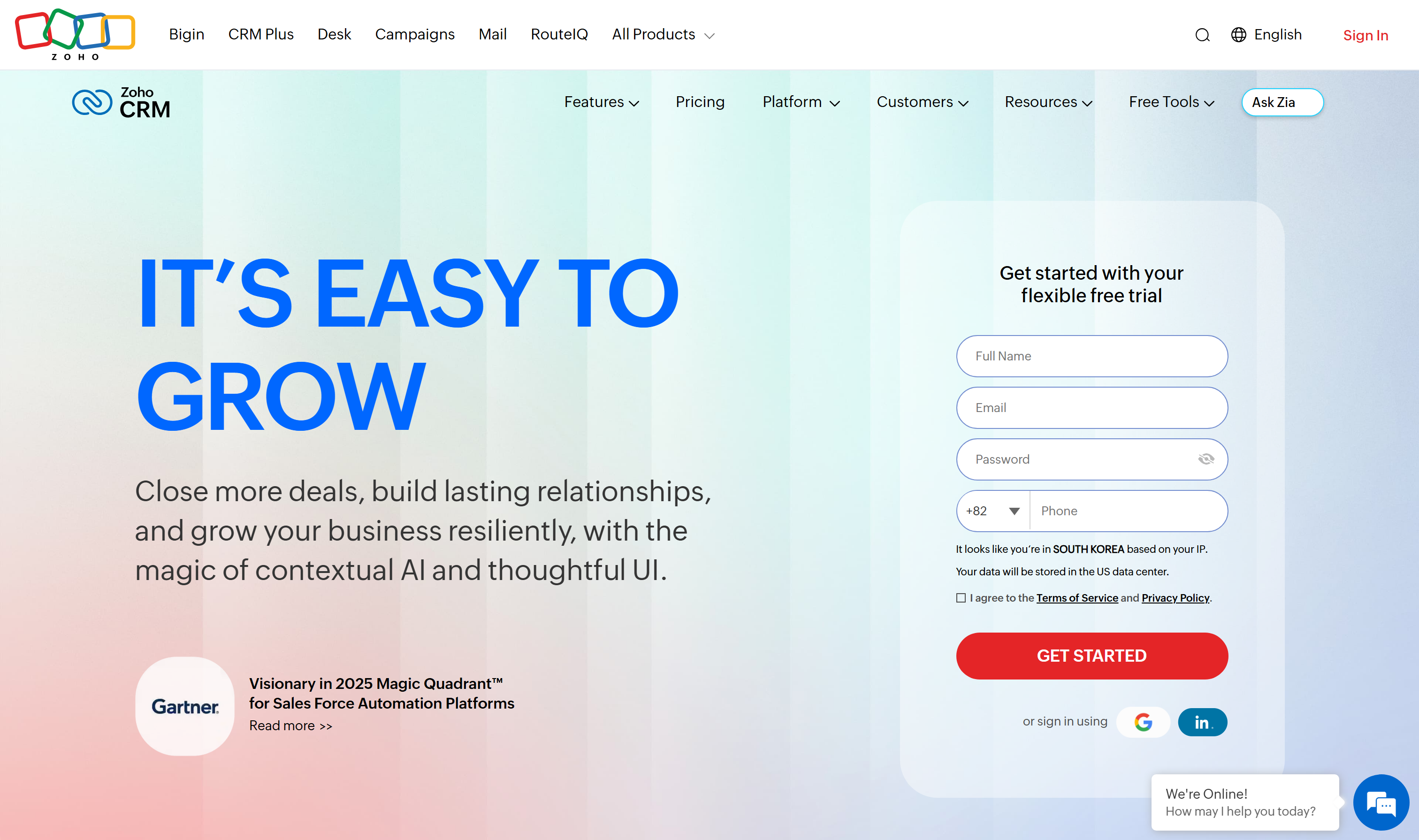 Zoho CRM homepage