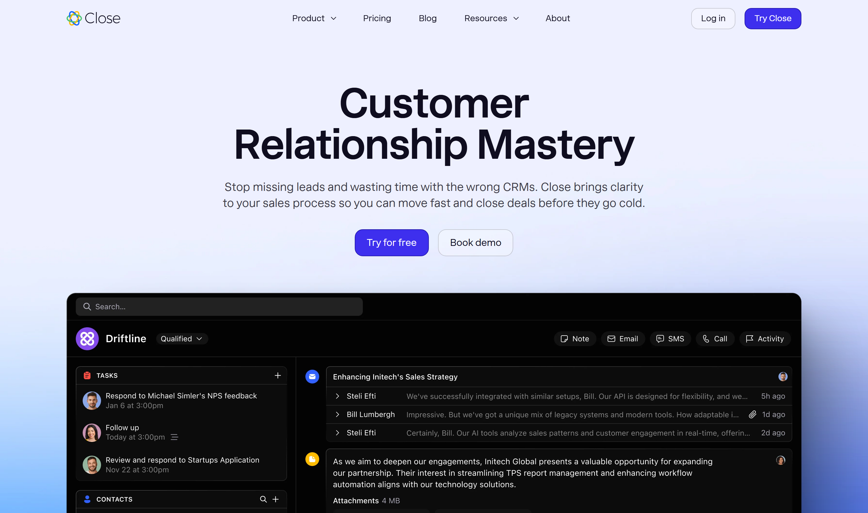 Close CRM homepage
