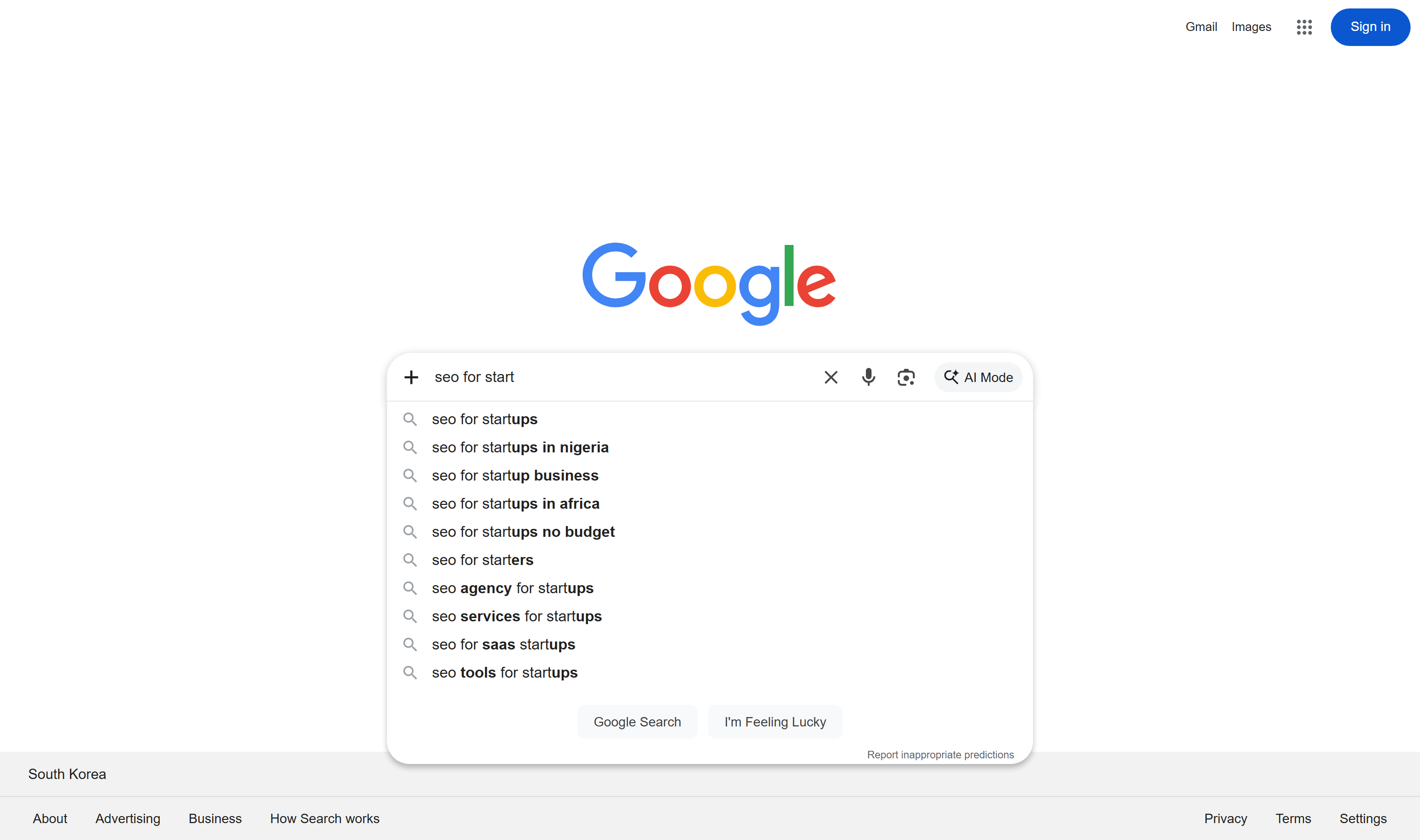 Google Autocomplete suggestions showing related searches for "seo for start"