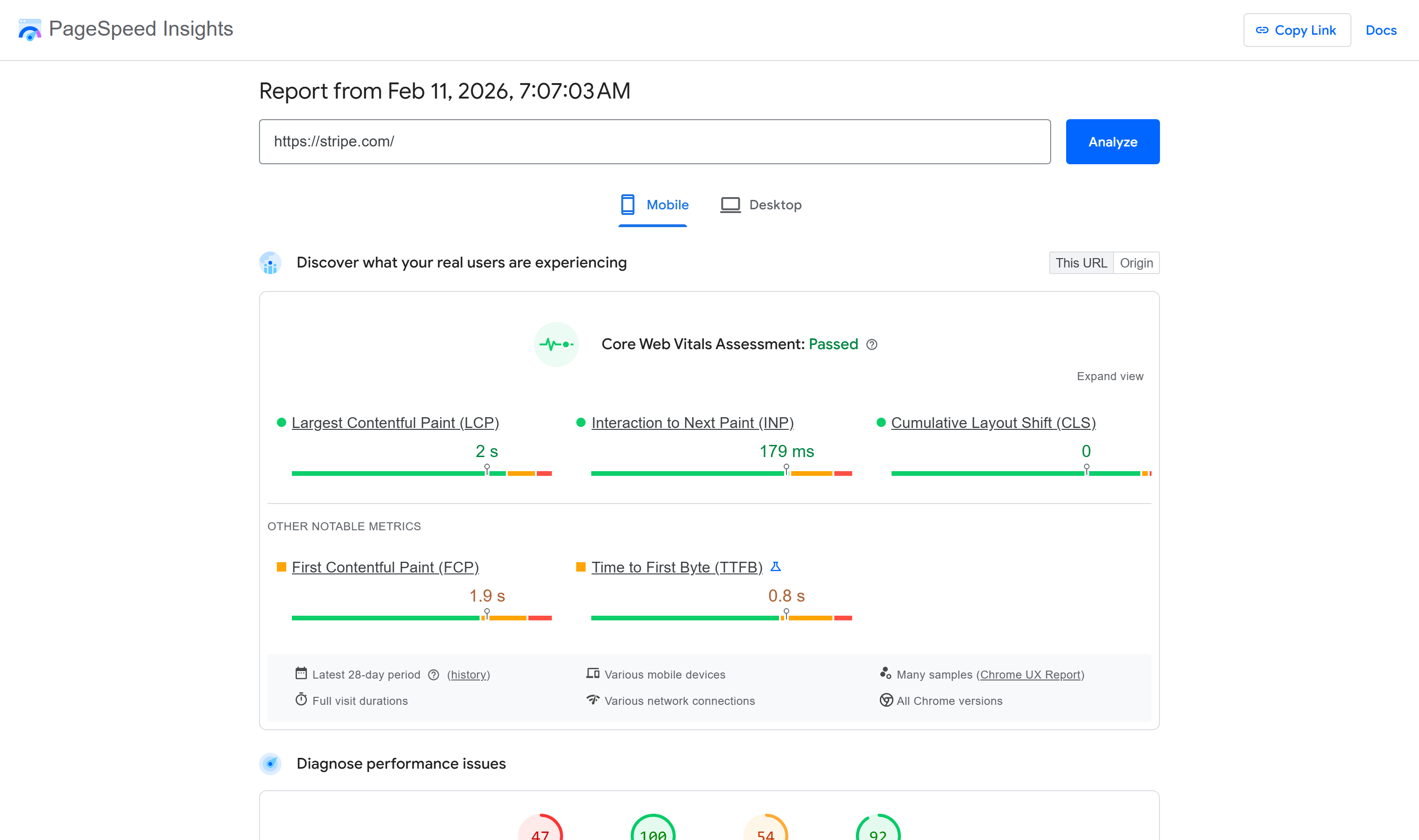 Google PageSpeed Insights showing Core Web Vitals and performance metrics